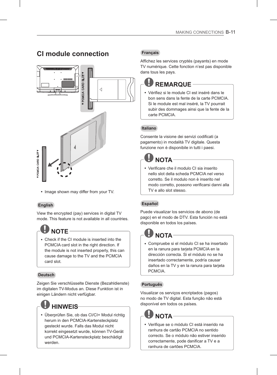 Ci module connection, Hinweis, Remarque | Nota | LG 42CS460S User Manual | Page 201 / 212