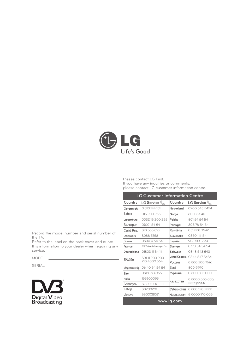 Customer information centre | LG 42CS460S User Manual | Page 212 / 212