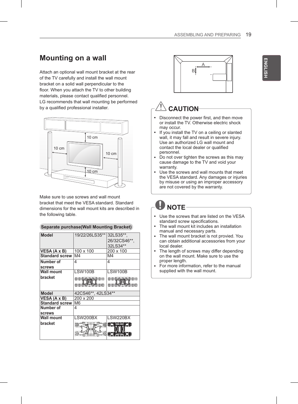 Mounting on a wall, Caution | LG 42CS460S User Manual | Page 27 / 212