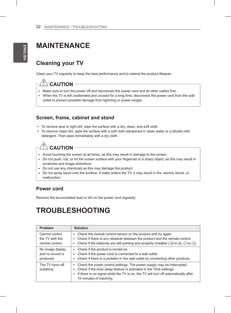 Maintenance, Troubleshooting, Cleaning your tv | Caution, Screen, frame, cabinet and stand, Power cord | LG 42CS460S User Manual | Page 30 / 212