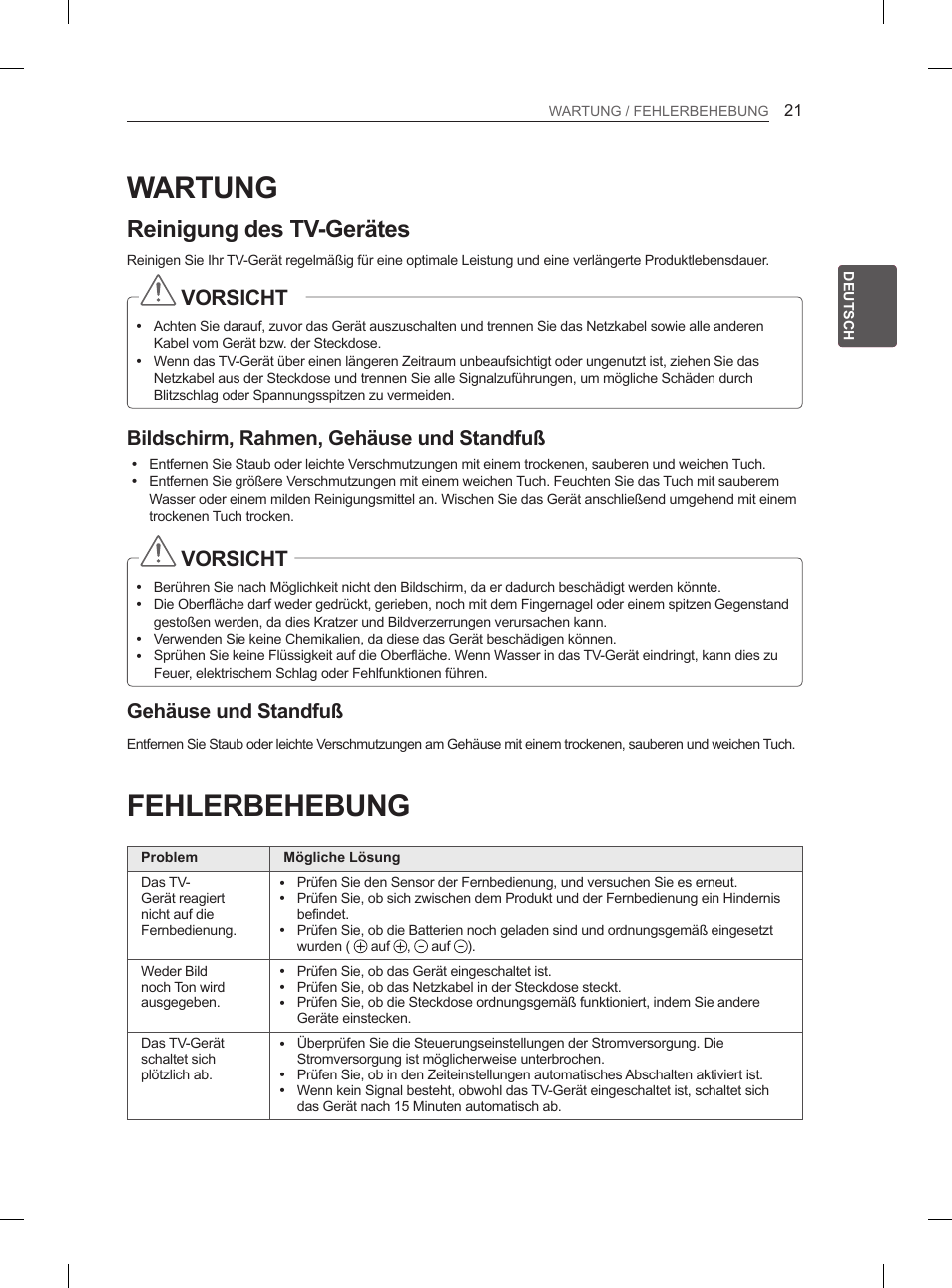 Wartung, Fehlerbehebung, Reinigung des tv-gerätes | Vorsicht, Bildschirm, rahmen, gehäuse und standfuß, Gehäuse und standfuß | LG 42CS460S User Manual | Page 51 / 212