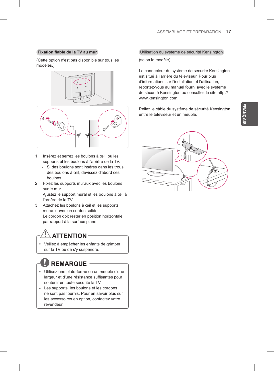 Attention, Remarque | LG 42CS460S User Manual | Page 69 / 212