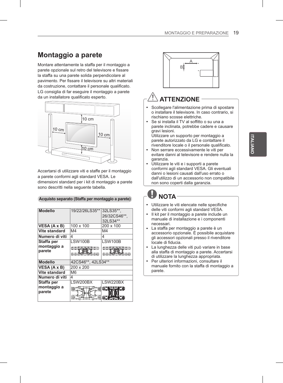 Montaggio a parete, Attenzione, Nota | LG 42CS460S User Manual | Page 93 / 212