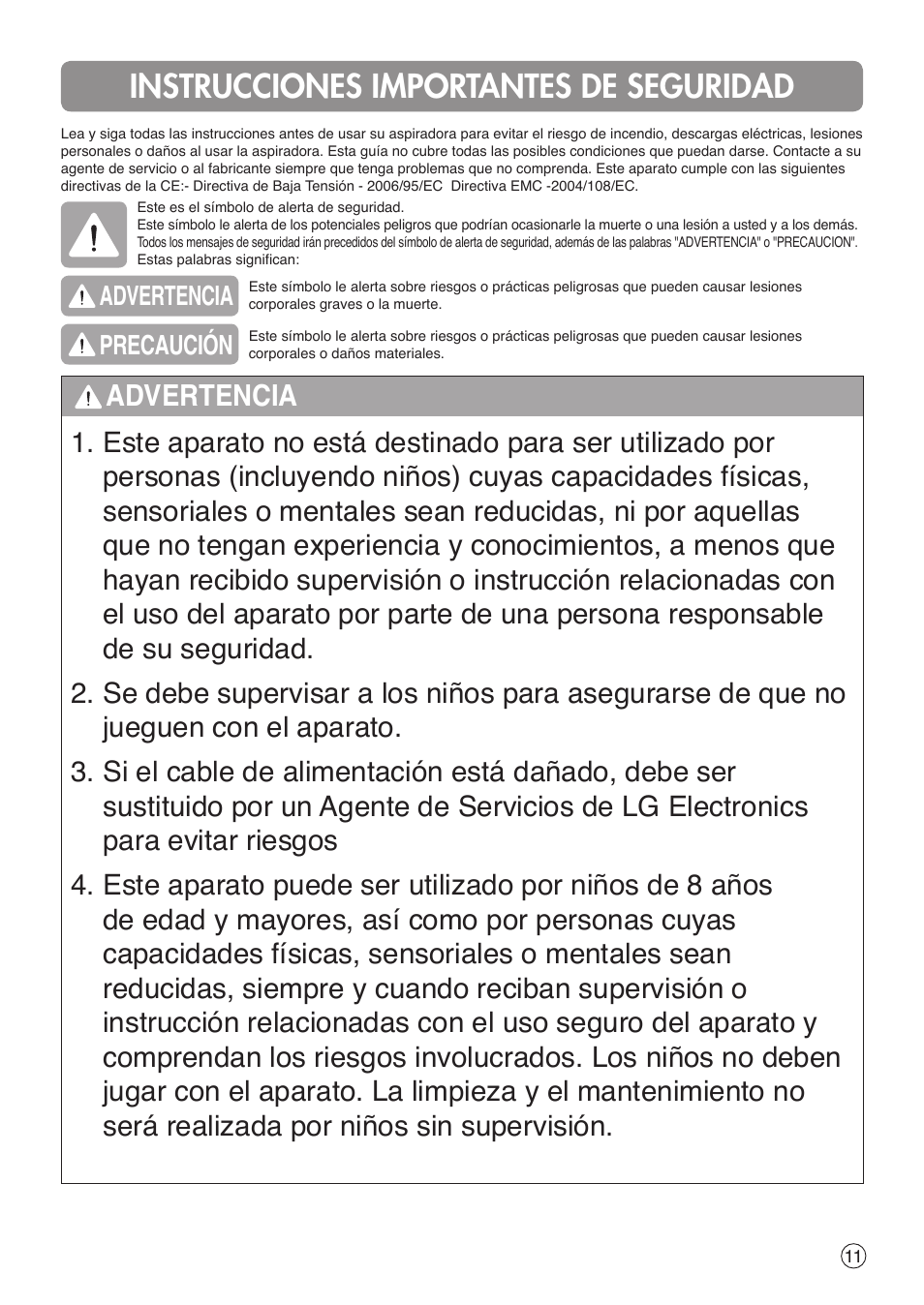 Instrucciones importantes de seguridad, Advertencia | LG VH9200DSW User Manual | Page 11 / 32