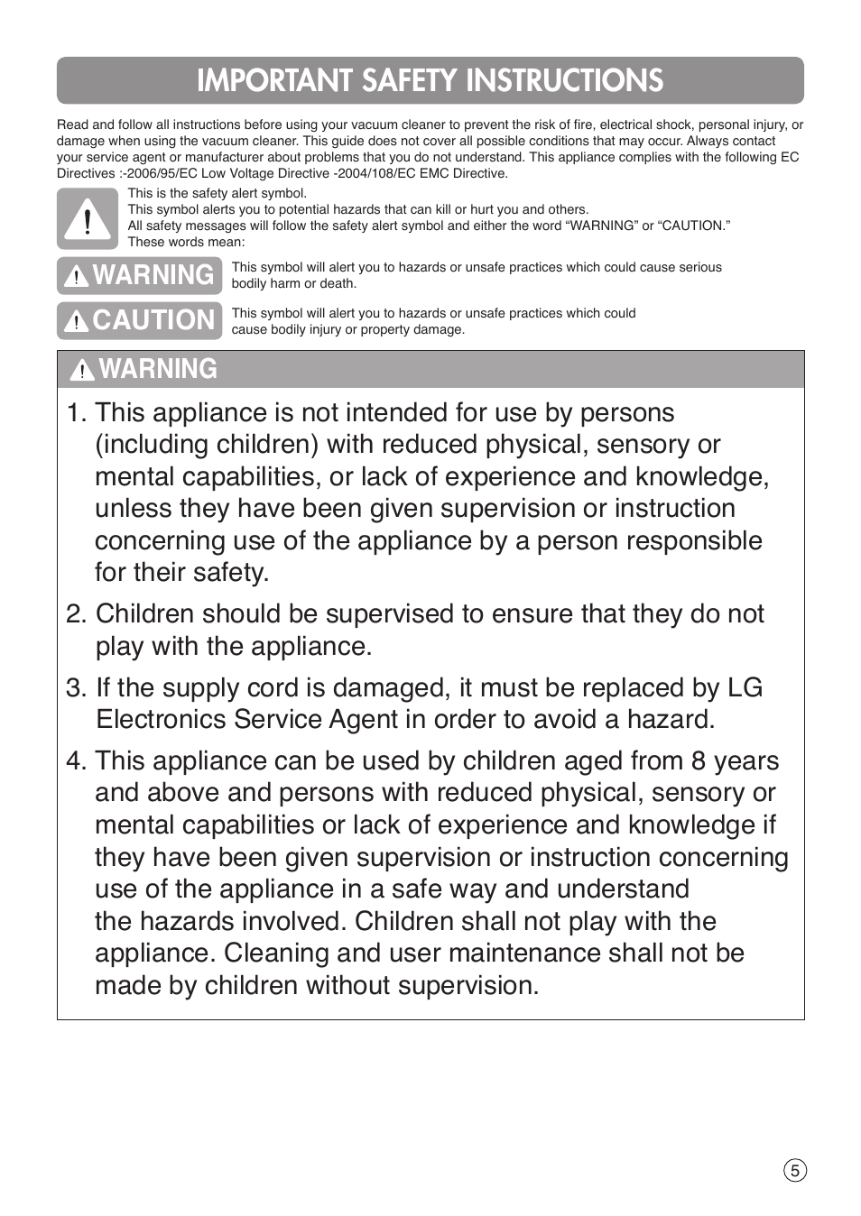 Important safety instructions, Warning, Warning caution | LG VH9200DSW User Manual | Page 5 / 32