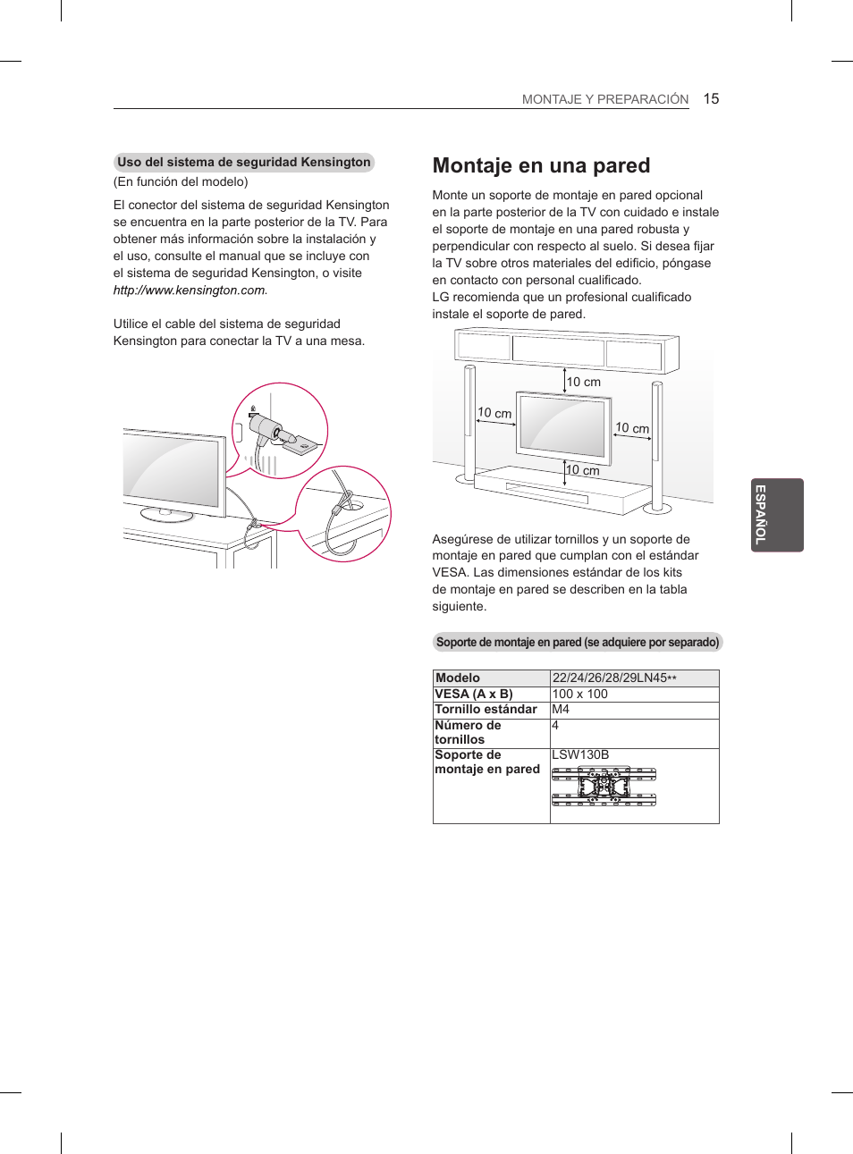 Montaje en una pared | LG 26LN457B User Manual | Page 106 / 223