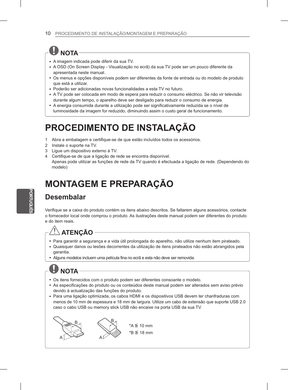 Procedimento de instalação, Montagem e preparação, Desembalar | Nota, Atenção | LG 26LN457B User Manual | Page 121 / 223