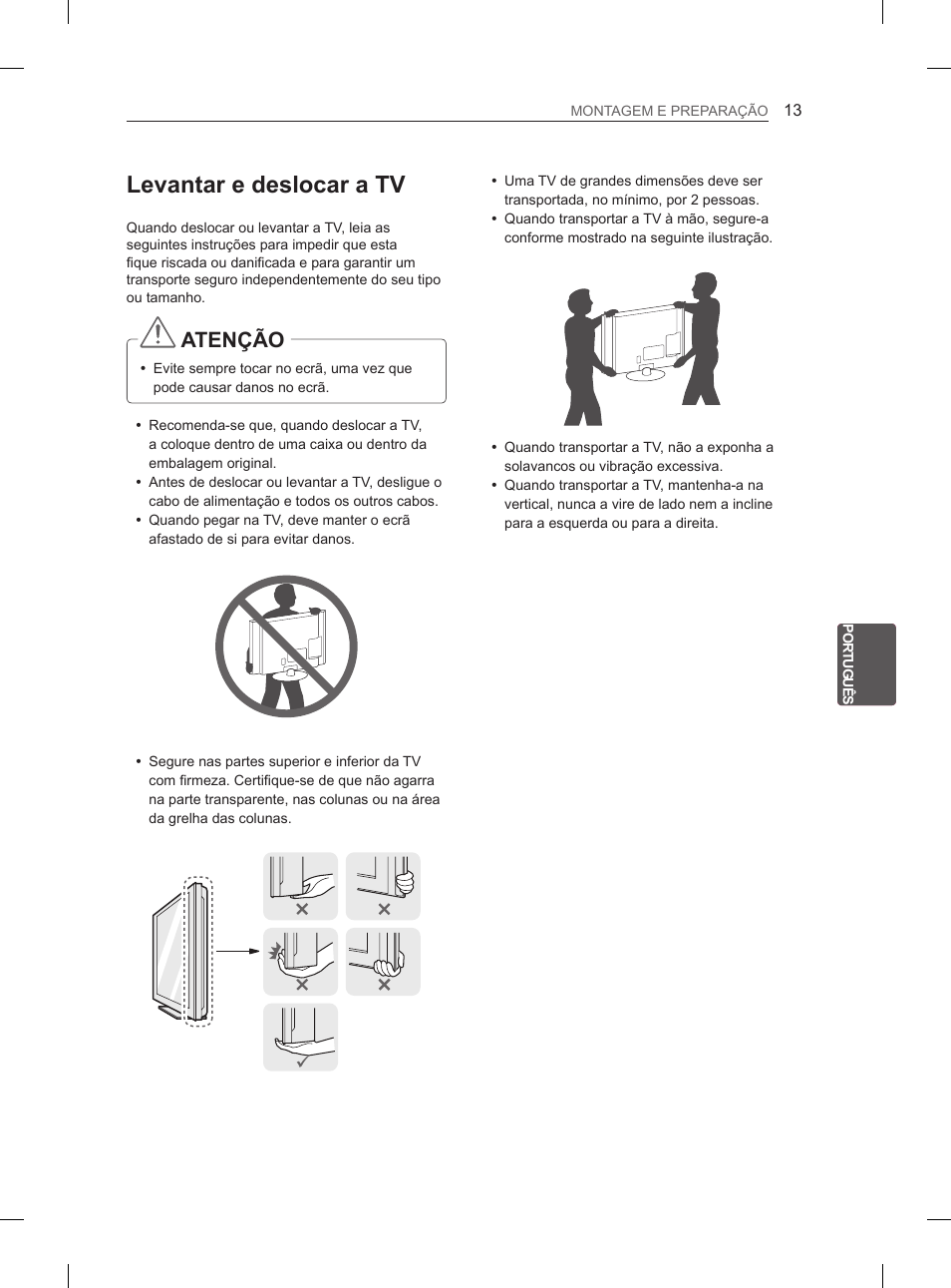 Levantar e deslocar a tv, Atenção | LG 26LN457B User Manual | Page 124 / 223