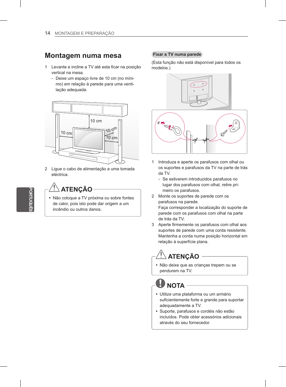 Montagem numa mesa, Atenção, Nota | LG 26LN457B User Manual | Page 125 / 223