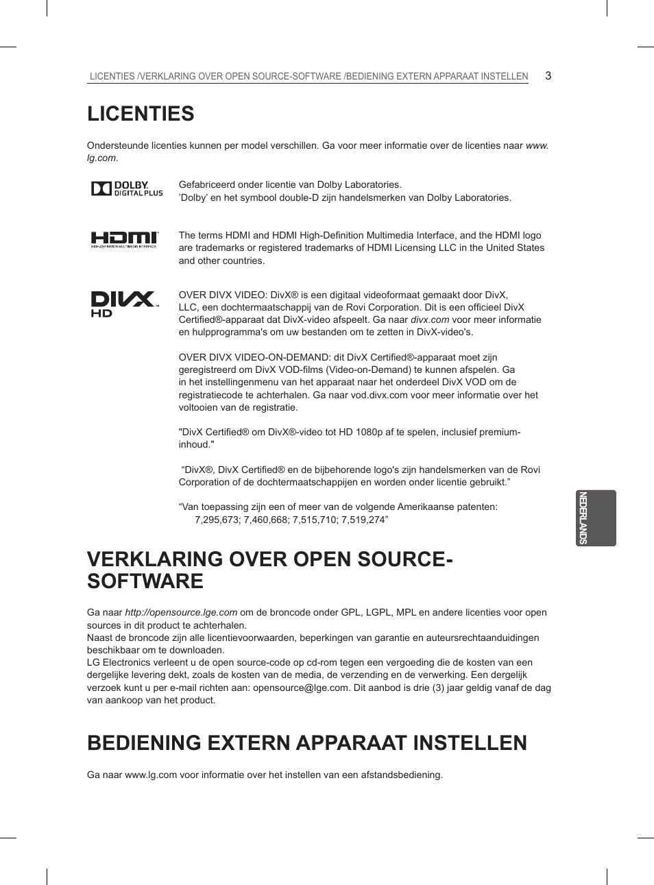 Licenties, Verklaring over open source- software, Bediening extern apparaat instellen | LG 26LN457B User Manual | Page 134 / 223