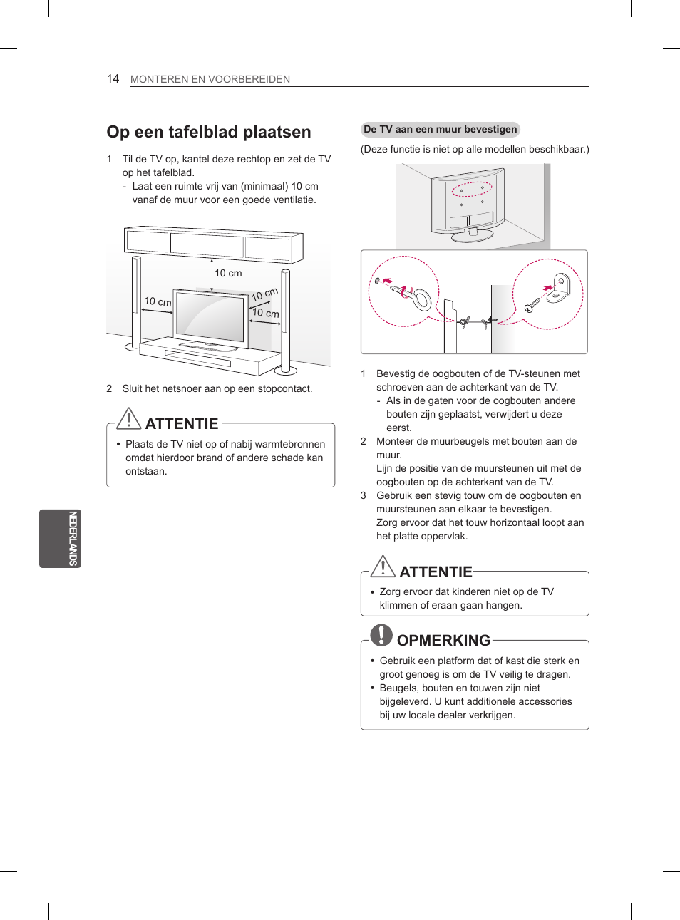 Op een tafelblad plaatsen, Attentie, Opmerking | LG 26LN457B User Manual | Page 145 / 223