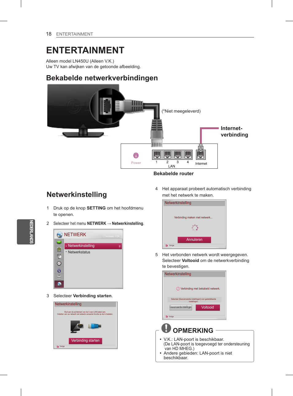 Entertainment, Netwerkinstelling, Bekabelde netwerkverbindingen | Opmerking, Internet- verbinding | LG 26LN457B User Manual | Page 149 / 223