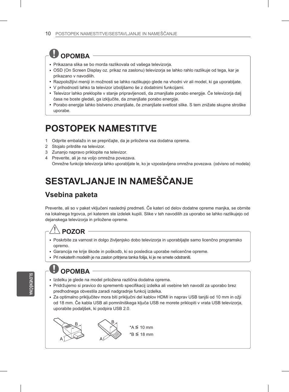 Postopek namestitve, Sestavljanje in nameščanje, Vsebina paketa | Opomba, Pozor | LG 26LN457B User Manual | Page 181 / 223