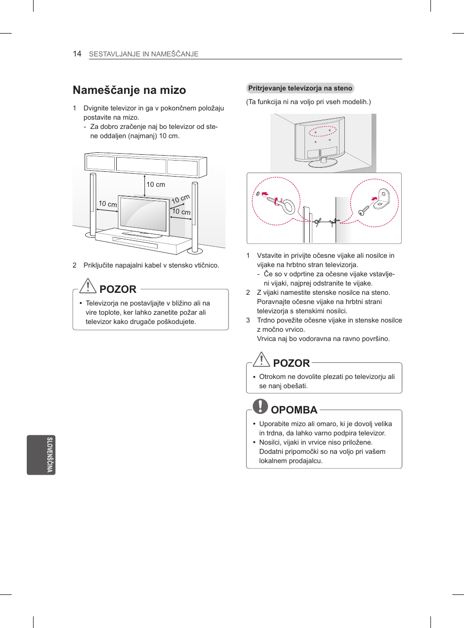 Nameščanje na mizo, Pozor, Opomba | LG 26LN457B User Manual | Page 185 / 223
