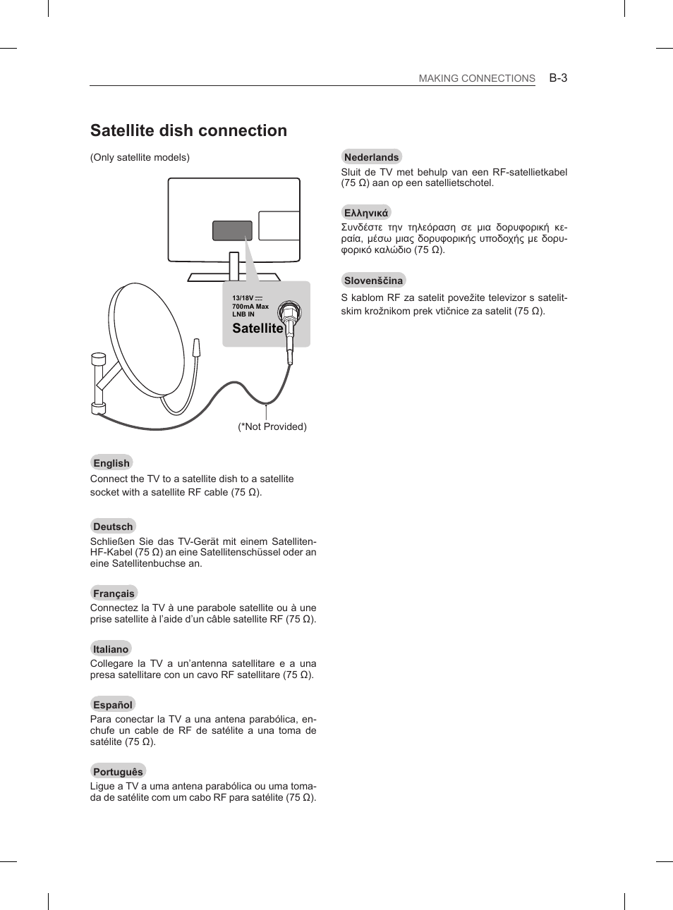 Satellite dish connection, Satellite | LG 26LN457B User Manual | Page 194 / 223