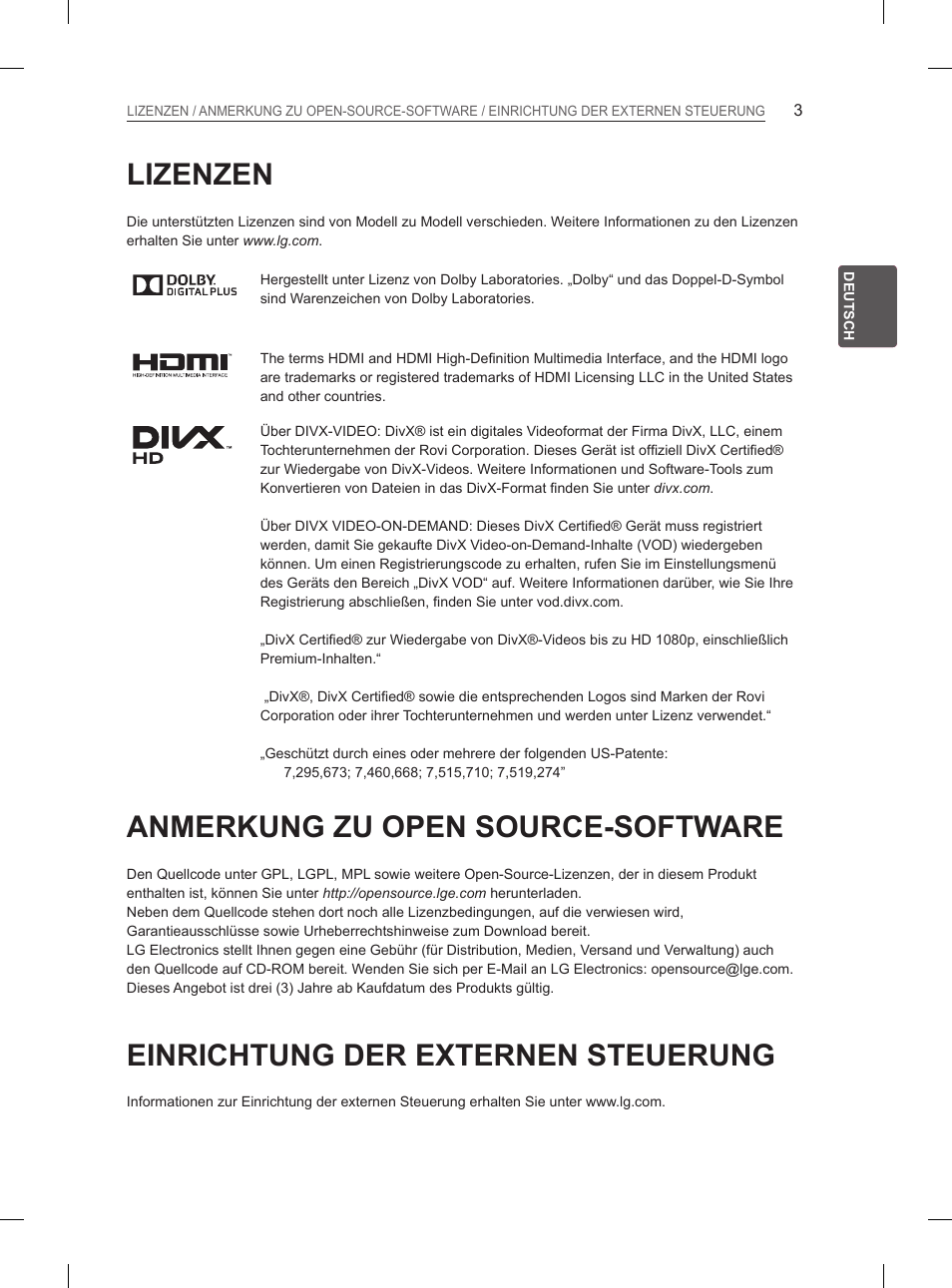 Lizenzen, Anmerkung zu open source-software, Einrichtung der externen steuerung | LG 26LN457B User Manual | Page 30 / 223