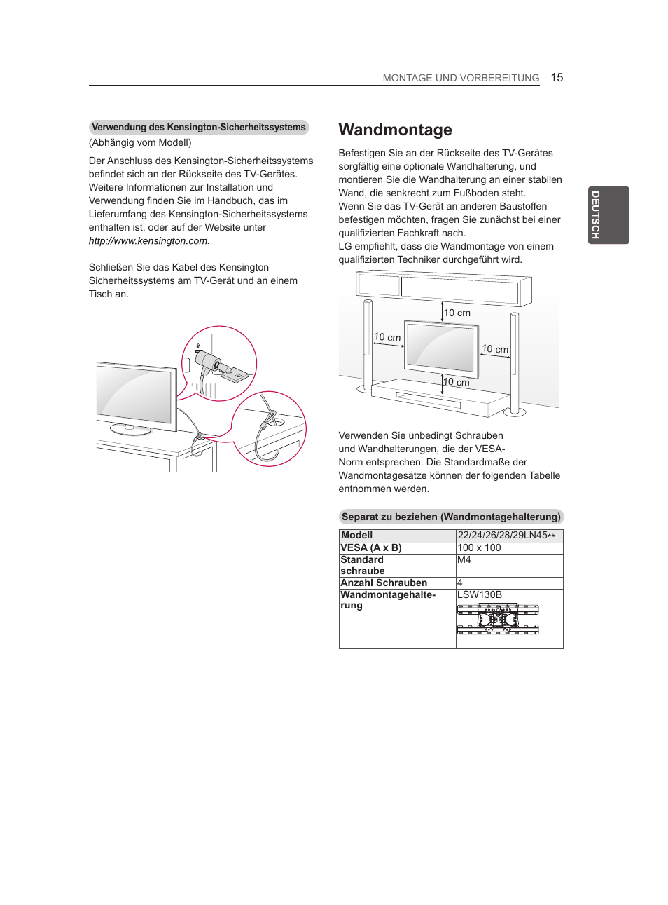 Wandmontage | LG 26LN457B User Manual | Page 42 / 223