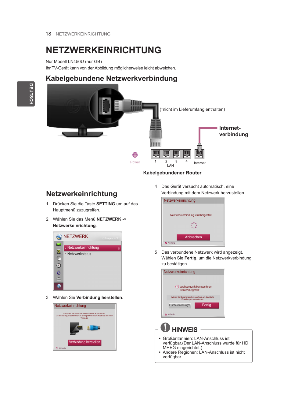 Netzwerkeinrichtung, Kabelgebundene netzwerkverbindung, Hinweis | Internet- verbindung | LG 26LN457B User Manual | Page 45 / 223