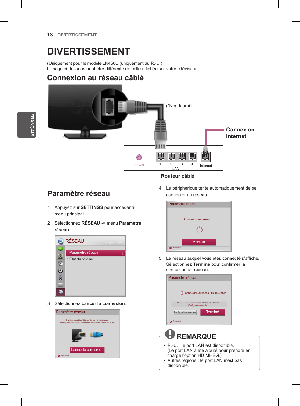 Divertissement, Paramètre réseau, Connexion au réseau câblé | Remarque, Connexion internet | LG 26LN457B User Manual | Page 65 / 223