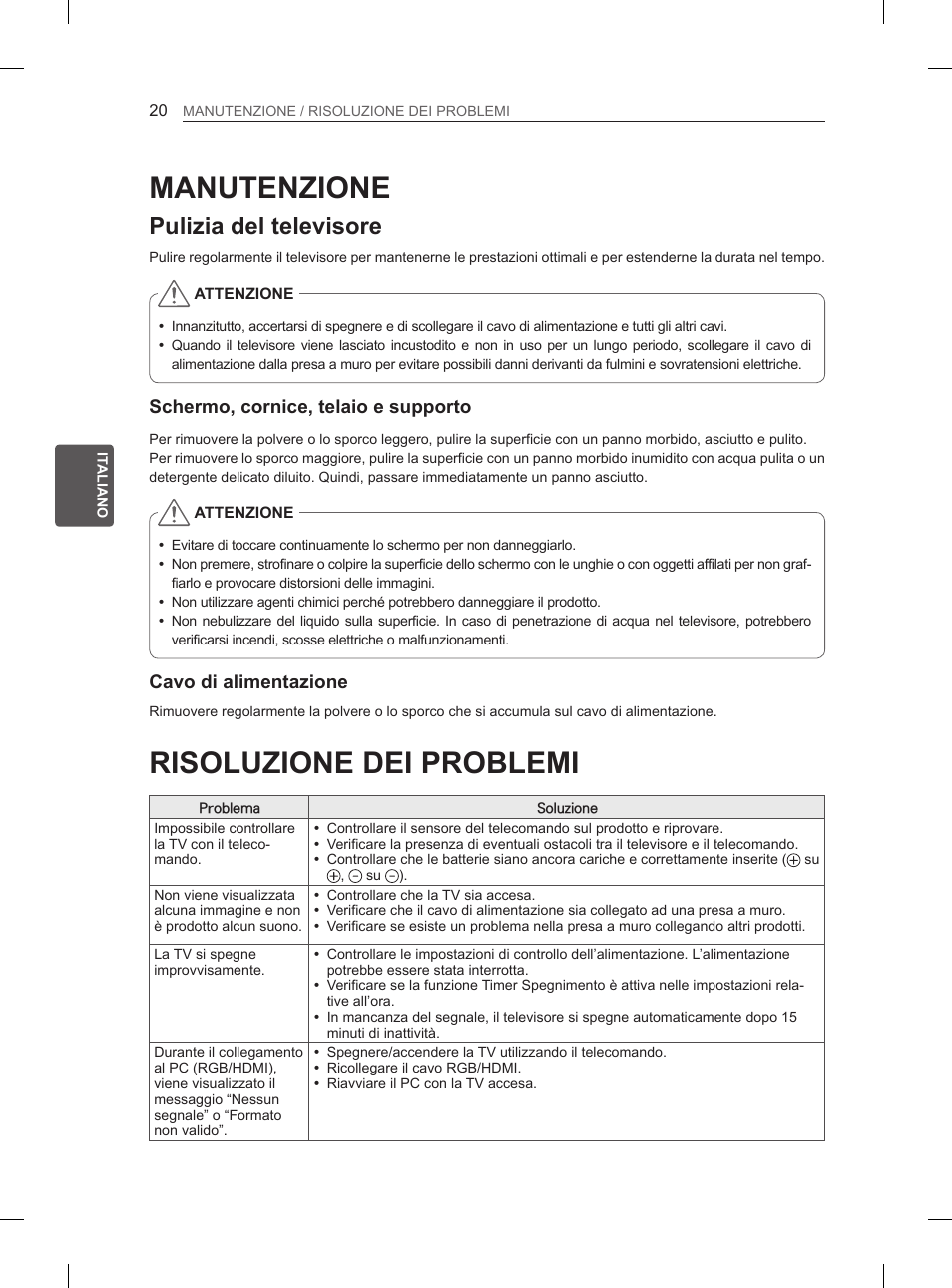 Risoluzione dei problemi, Manutenzione, Pulizia del televisore | LG 26LN457B User Manual | Page 87 / 223