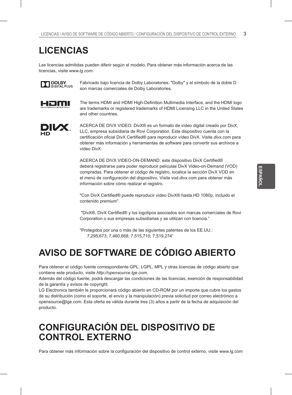 Licencias, Aviso de software de código abierto, Configuración del dispositivo de control externo | LG 26LN457B User Manual | Page 94 / 223