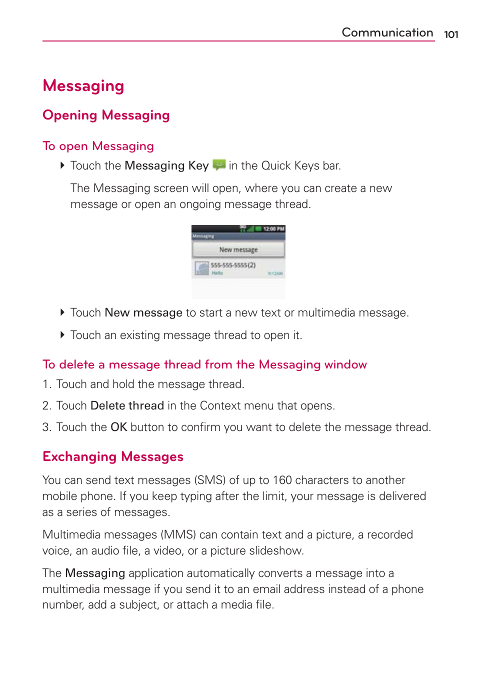 Messaging, Opening messaging, Exchanging messages | LG VS700 User Manual | Page 103 / 448