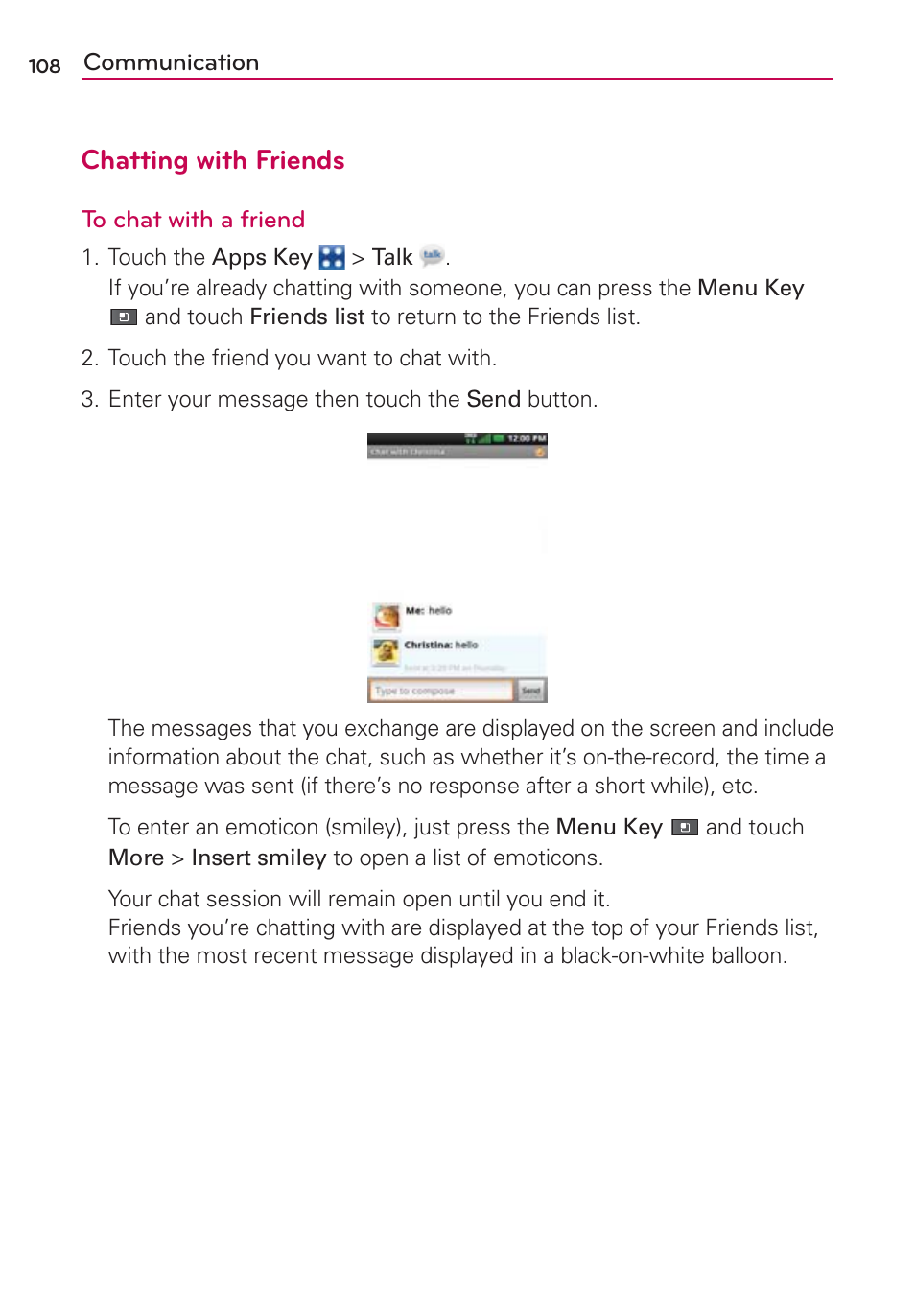 Chatting with friends | LG VS700 User Manual | Page 110 / 448