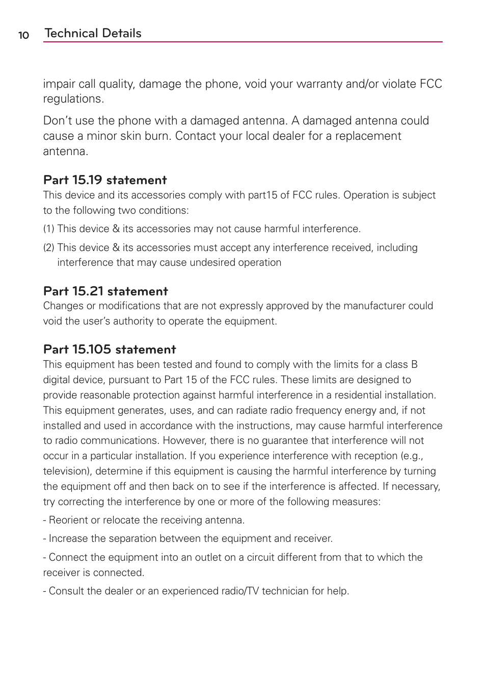 Technical details, Part 15.19 statement, Part 15.21 statement | LG VS700 User Manual | Page 12 / 448