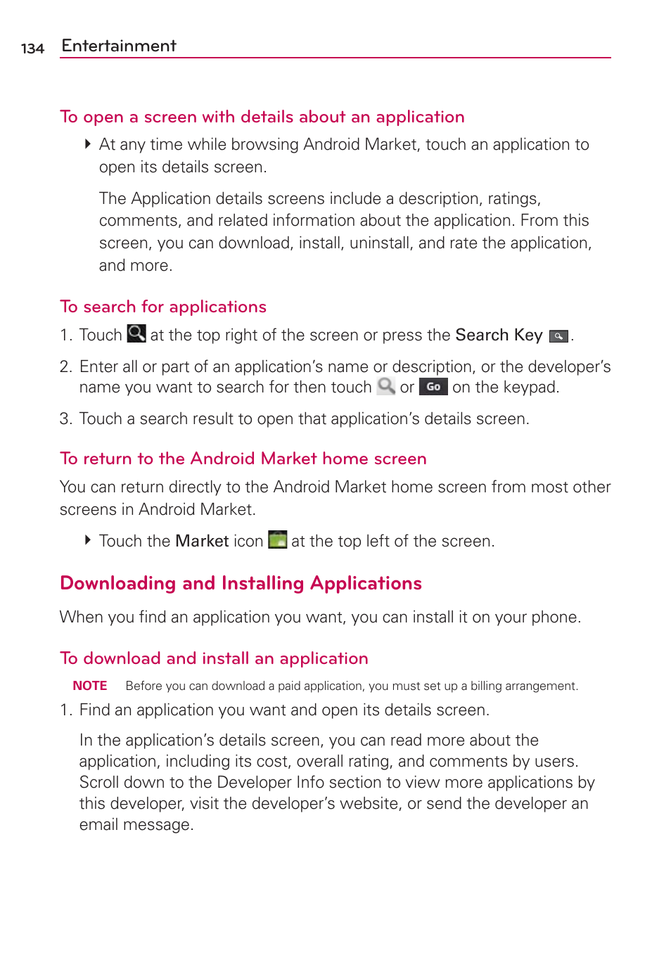 Downloading and installing applications | LG VS700 User Manual | Page 136 / 448