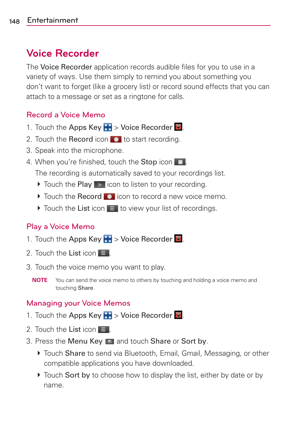 Voice recorder | LG VS700 User Manual | Page 150 / 448