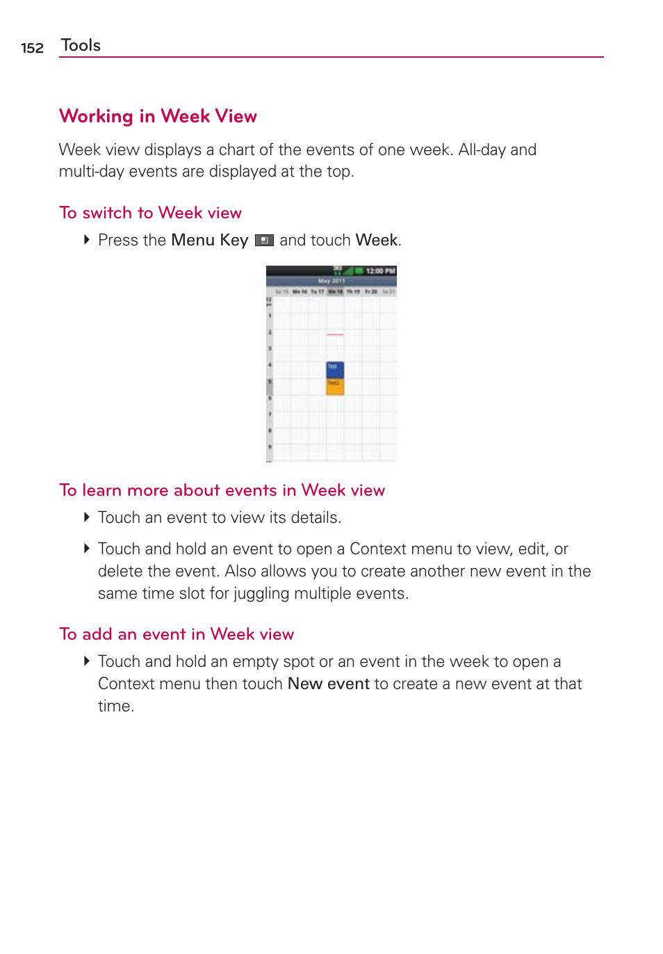 Working in week view | LG VS700 User Manual | Page 154 / 448