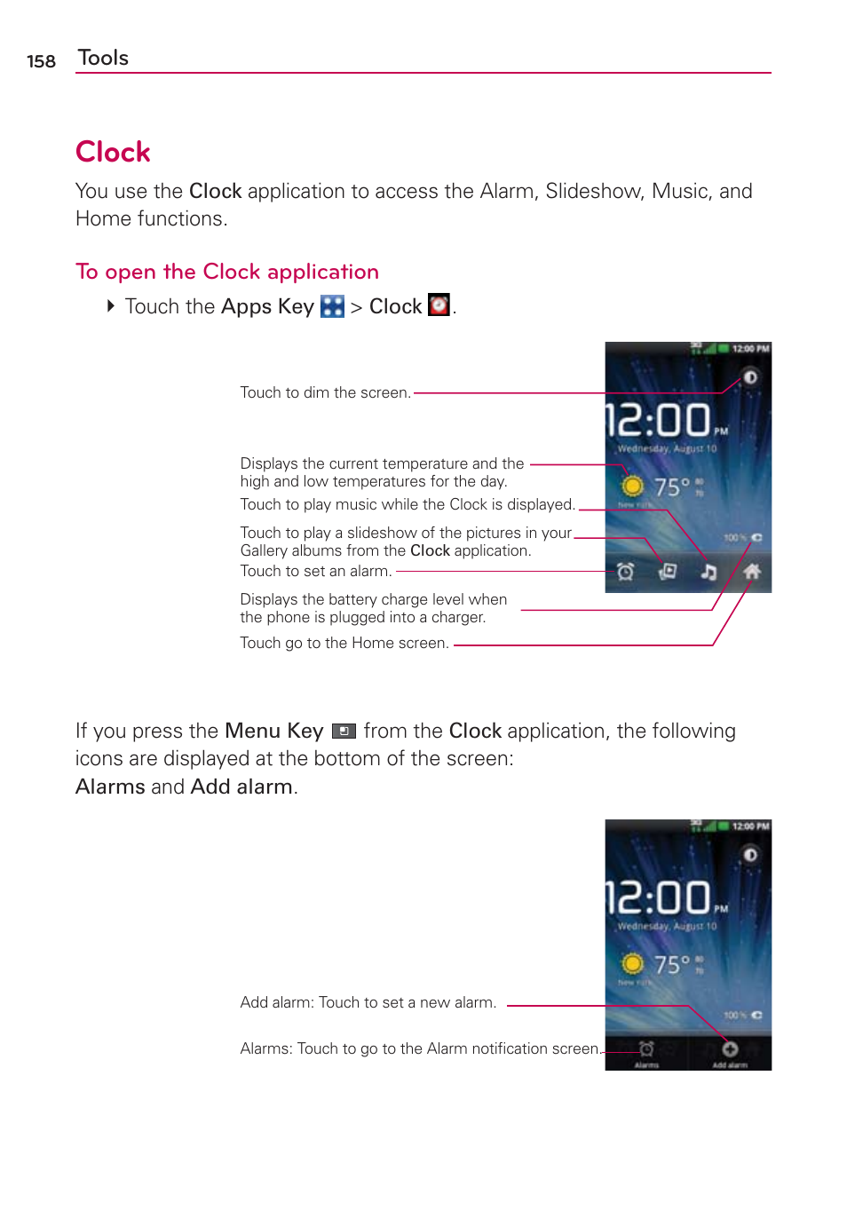 Clock, Tools | LG VS700 User Manual | Page 160 / 448