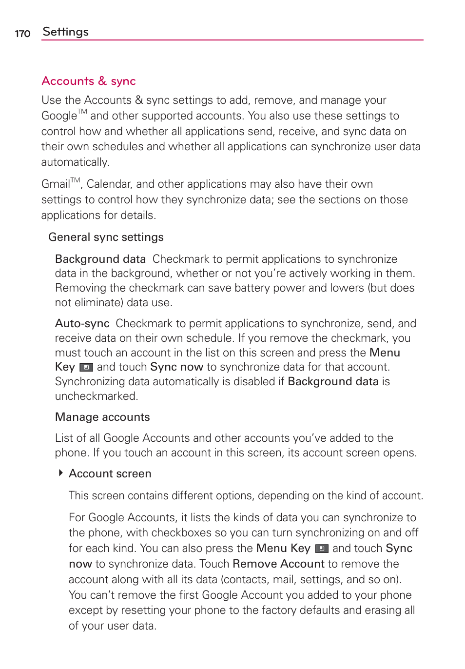 Settings accounts & sync | LG VS700 User Manual | Page 172 / 448