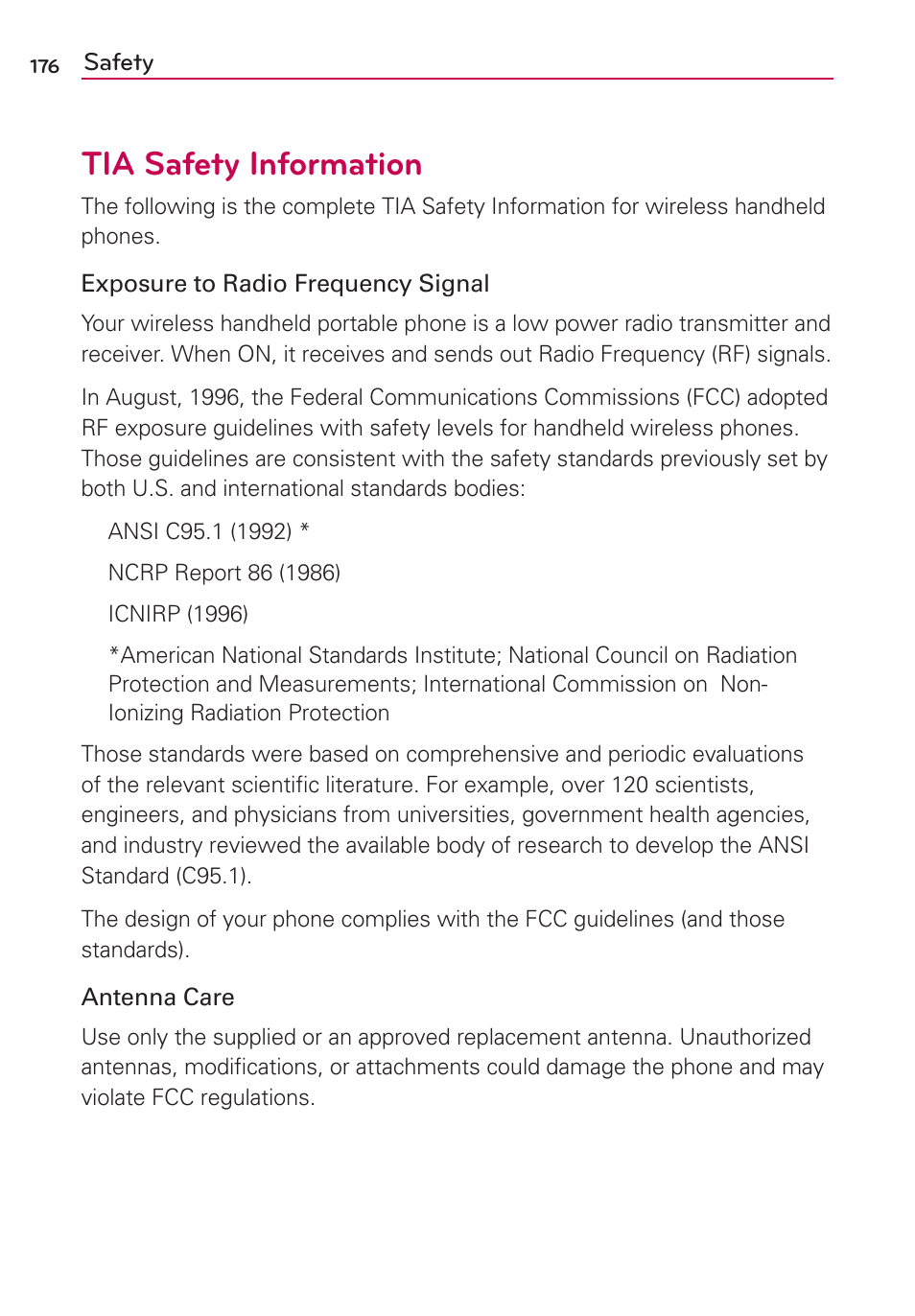 Safety, Tia safety information | LG VS700 User Manual | Page 178 / 448