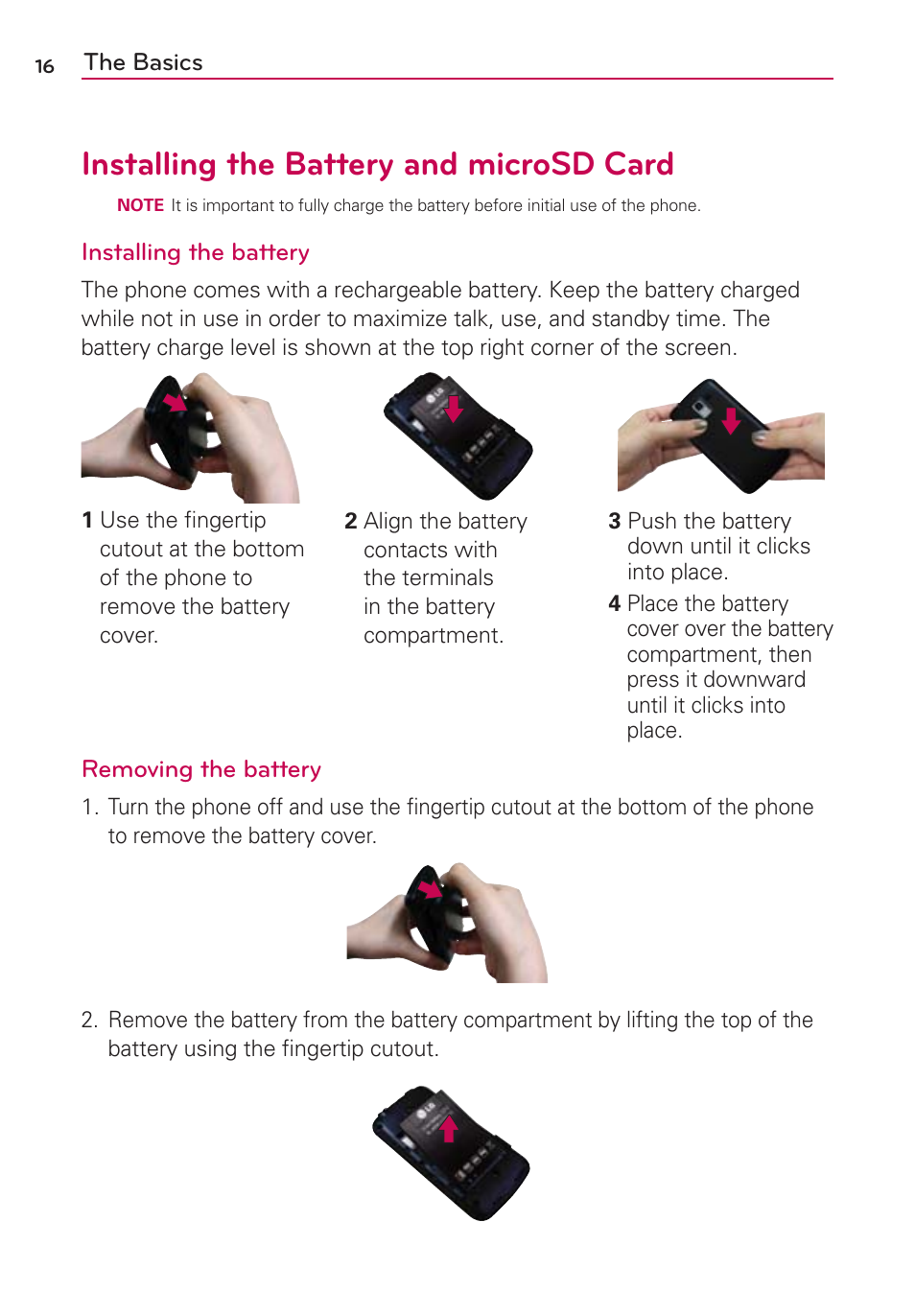 Installing the battery and microsd card | LG VS700 User Manual | Page 18 / 448