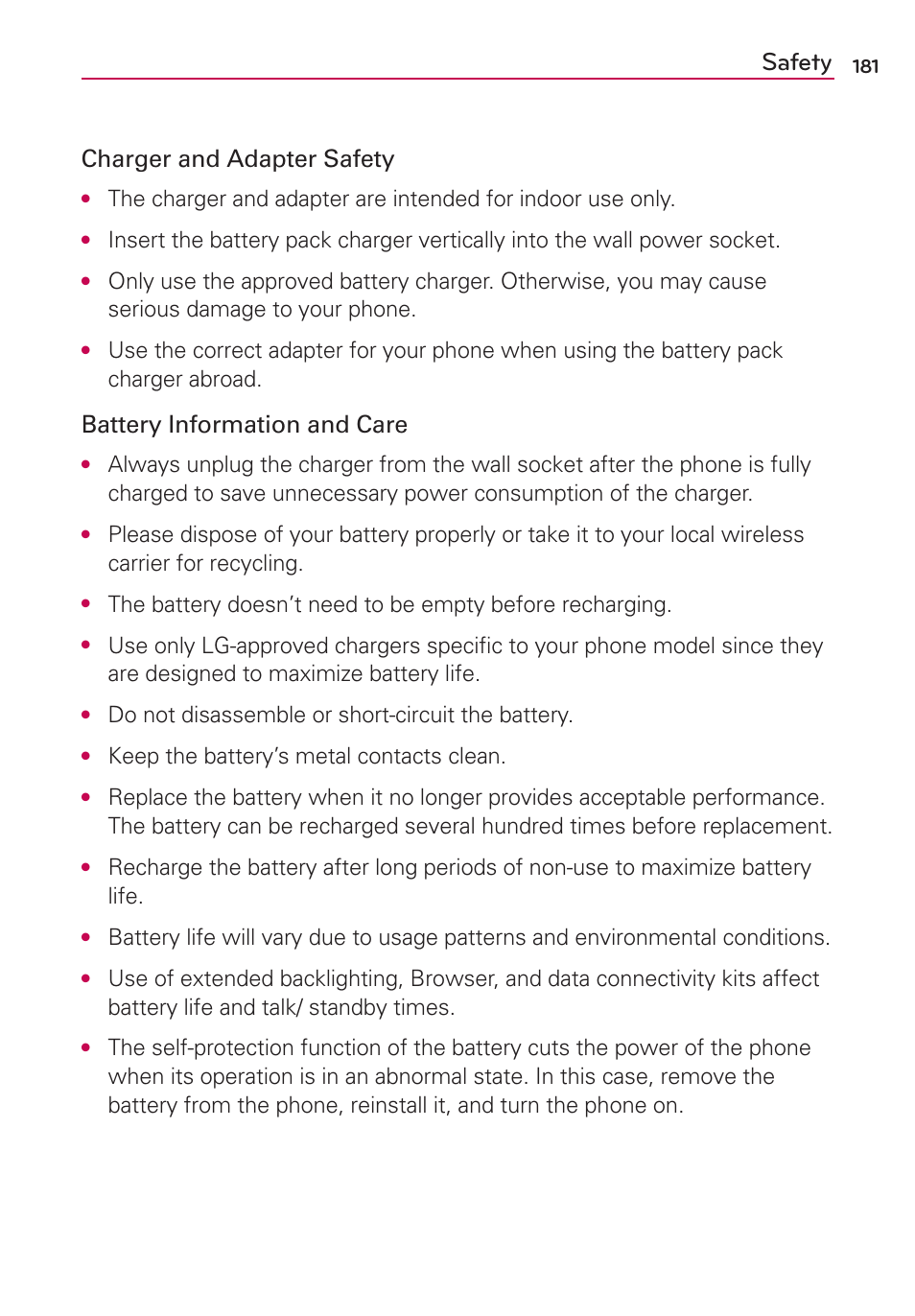 Safety, Charger and adapter safety, Battery information and care | Do not disassemble or short-circuit the battery, Keep the battery’s metal contacts clean | LG VS700 User Manual | Page 183 / 448