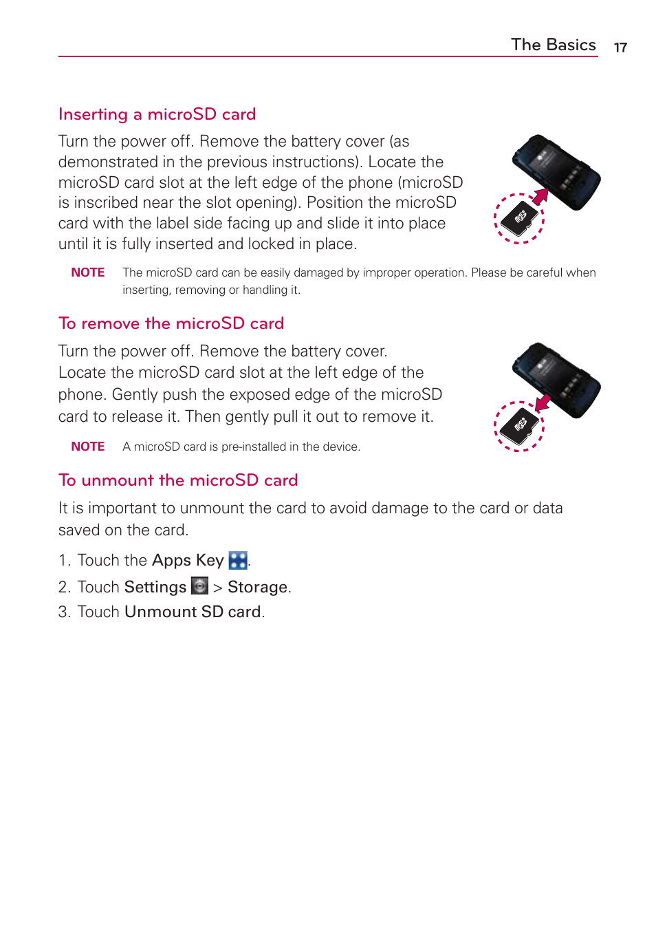 The basics inserting a microsd card | LG VS700 User Manual | Page 19 / 448