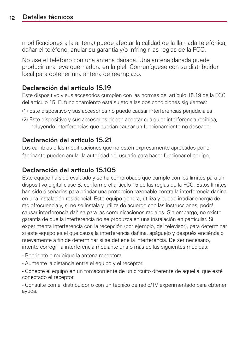 Detalles técnicos, Declaración del artículo 15.19, Declaración del artículo 15.21 | LG VS700 User Manual | Page 229 / 448