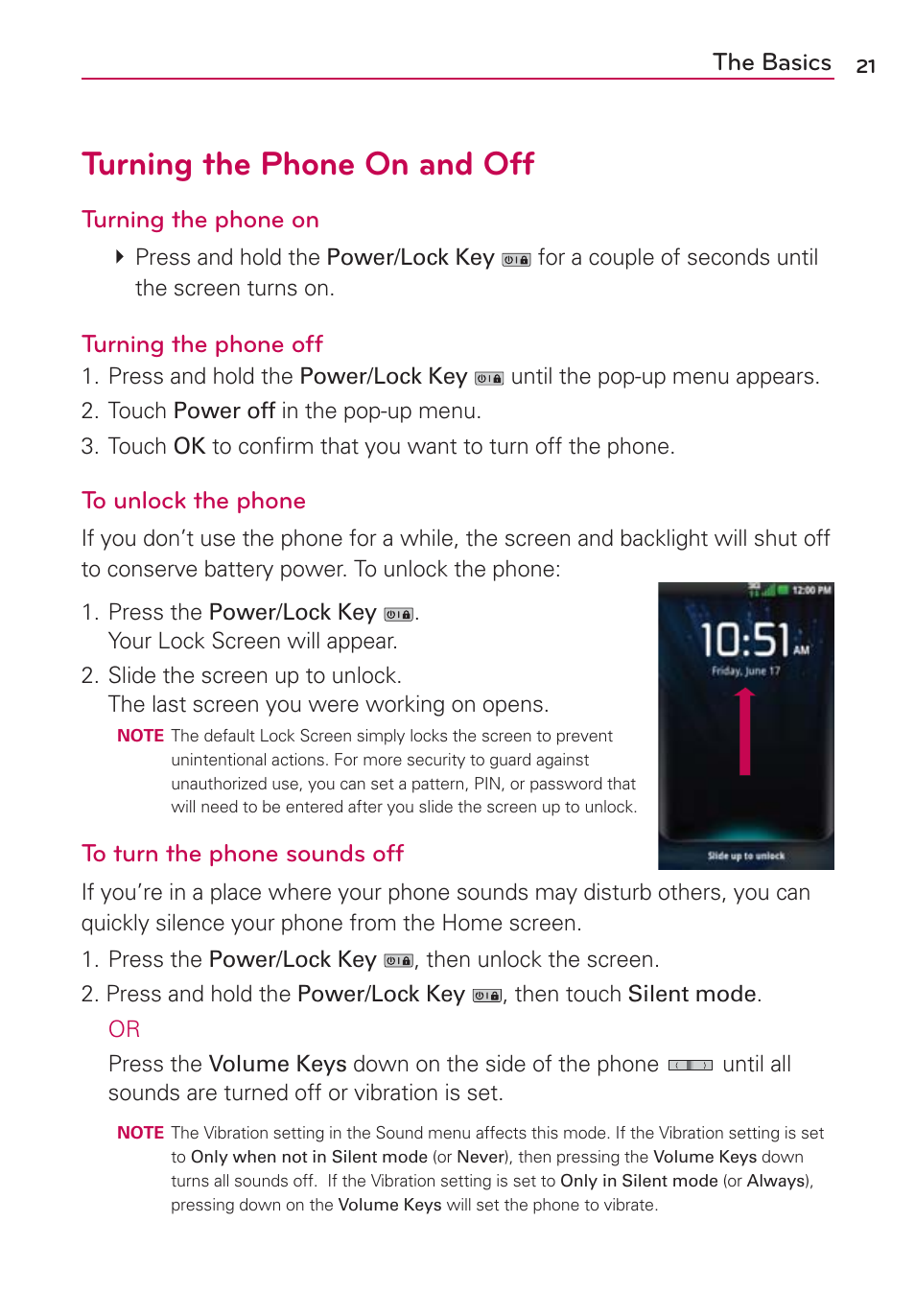 Turning the phone on and off, The basics, Turning the phone on | Turning the phone off | LG VS700 User Manual | Page 23 / 448