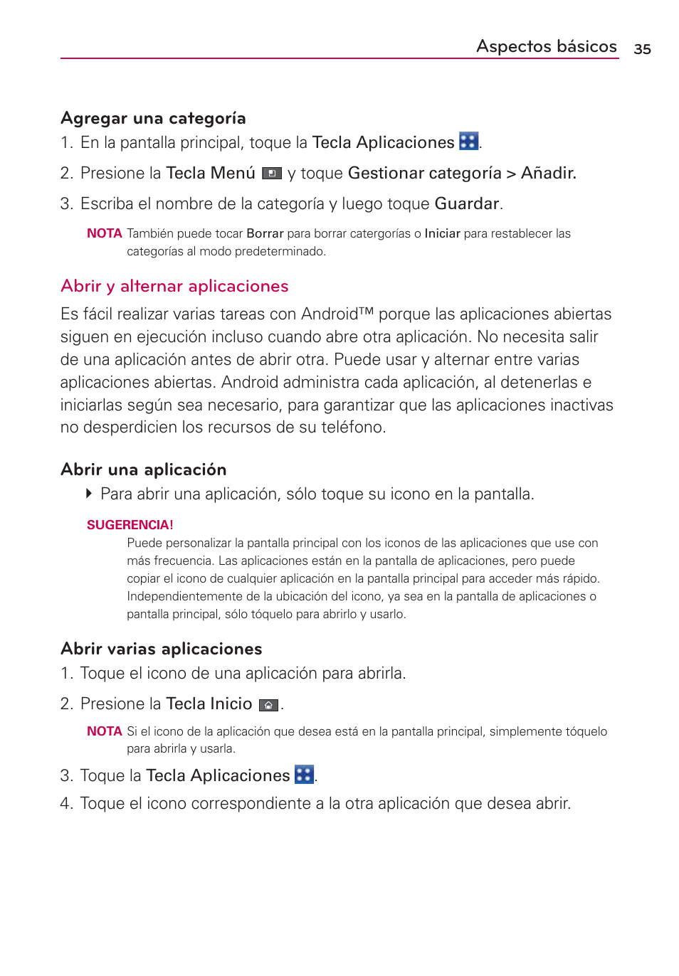 Aspectos básicos agregar una categoría, Abrir y alternar aplicaciones, Abrir una aplicación | Abrir varias aplicaciones | LG VS700 User Manual | Page 252 / 448