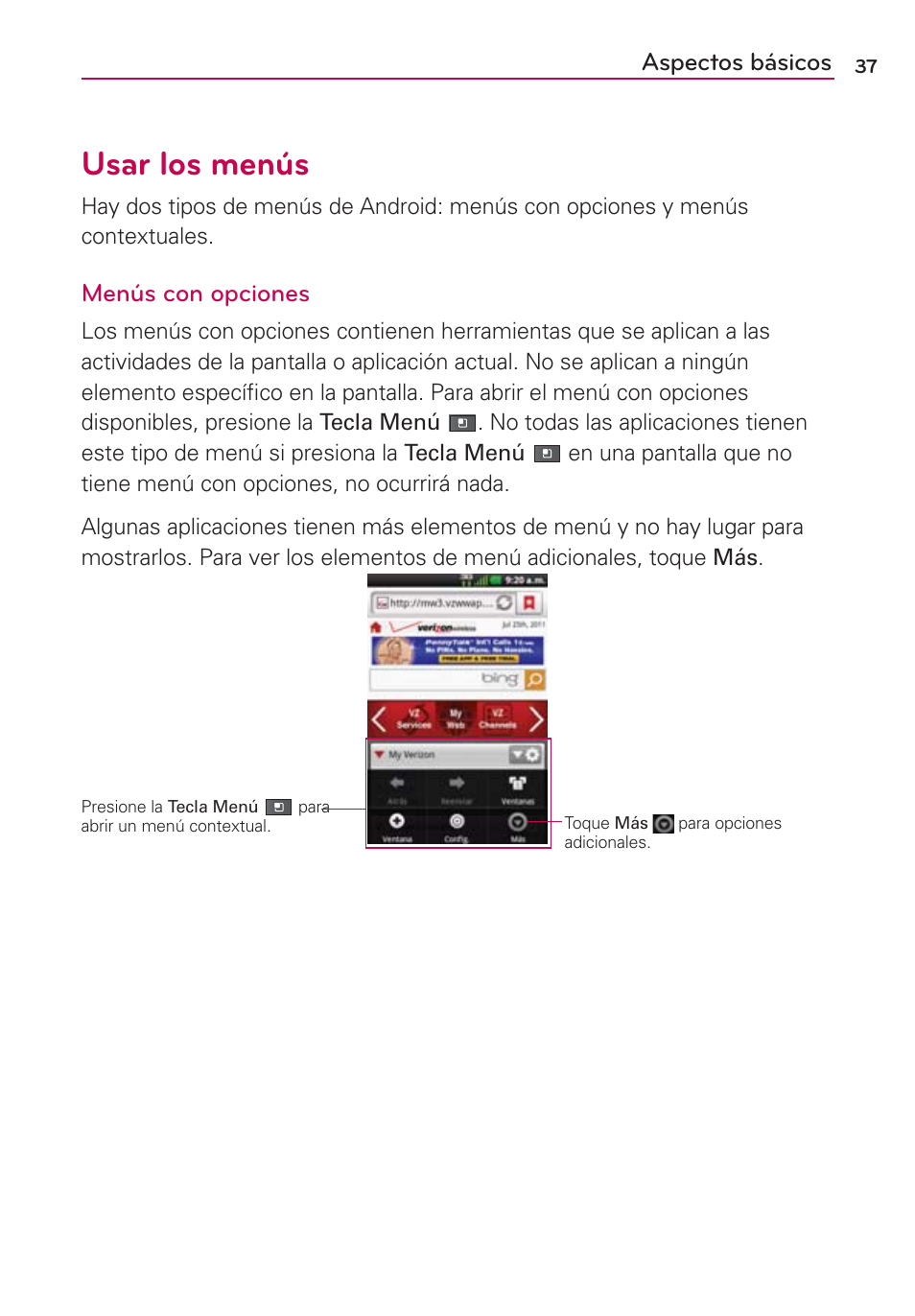 Usar los menús, Aspectos básicos, Menús con opciones | LG VS700 User Manual | Page 254 / 448