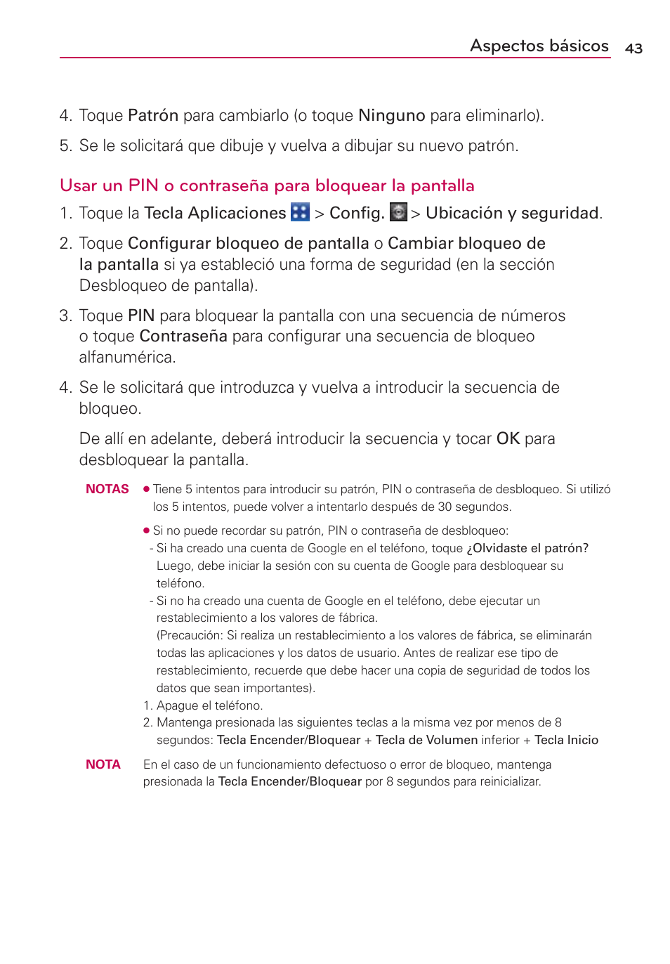 Aspectos básicos, Usar un pin o contraseña para bloquear la pantalla, Toque la tecla aplicaciones > conﬁg | LG VS700 User Manual | Page 260 / 448