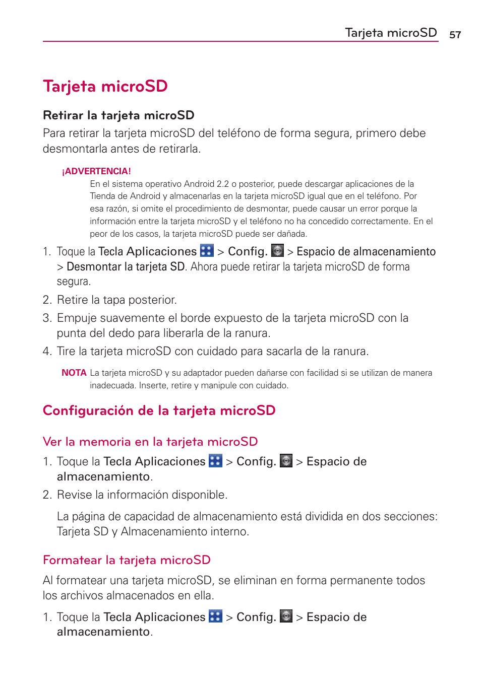 Tarjeta microsd, Configuración de la tarjeta microsd, Retirar la tarjeta microsd | Formatear la tarjeta microsd | LG VS700 User Manual | Page 274 / 448