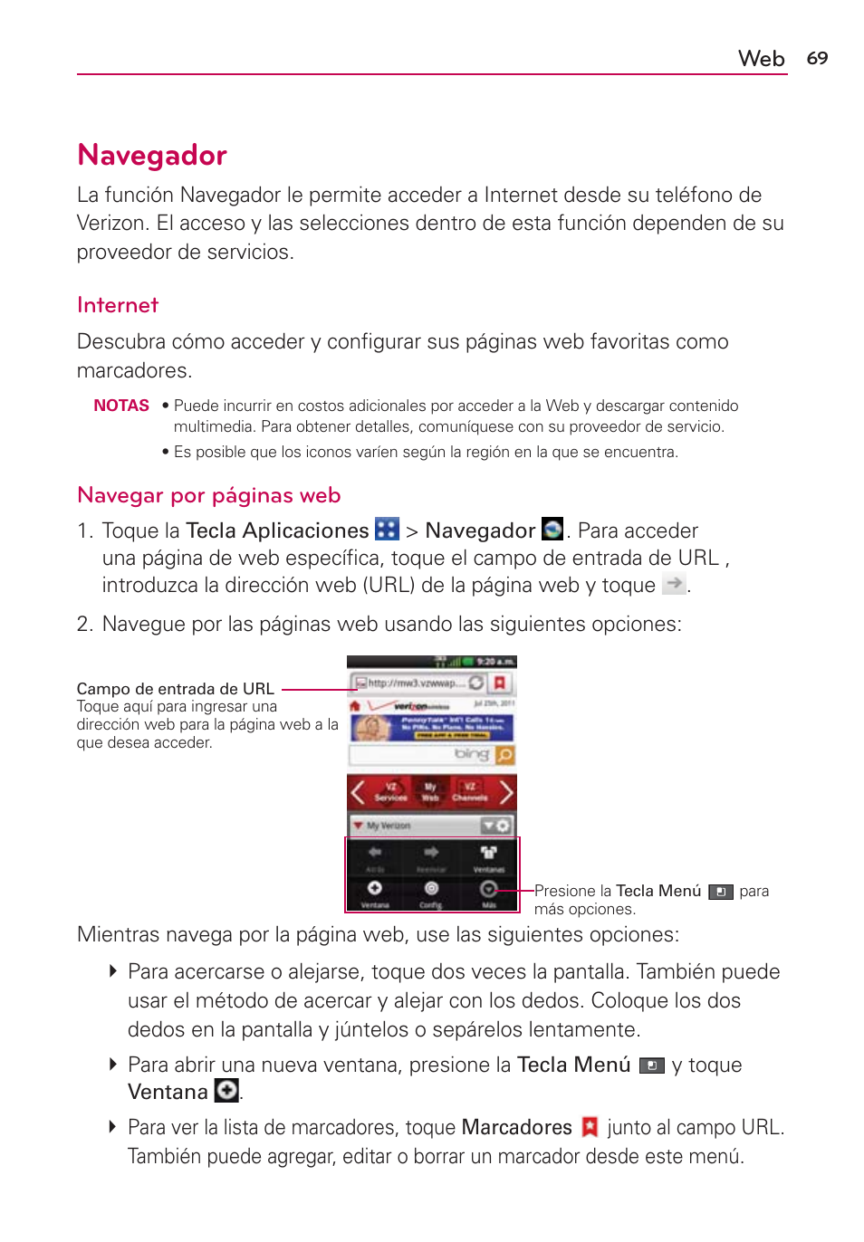 Navegador, Internet, Navegar por páginas web | LG VS700 User Manual | Page 286 / 448
