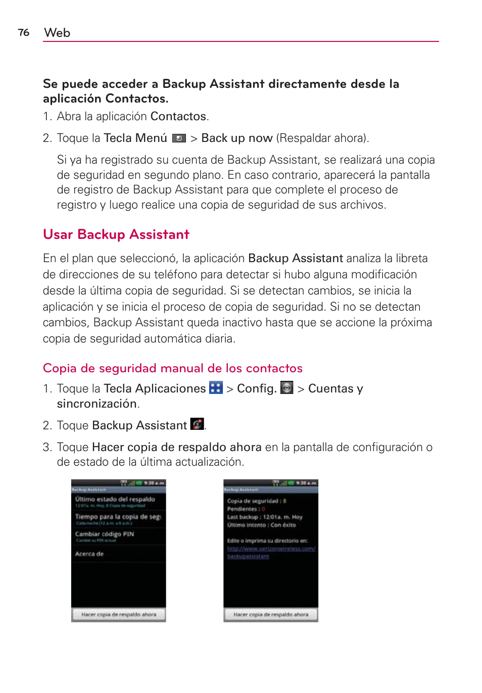 Usar backup assistant | LG VS700 User Manual | Page 293 / 448