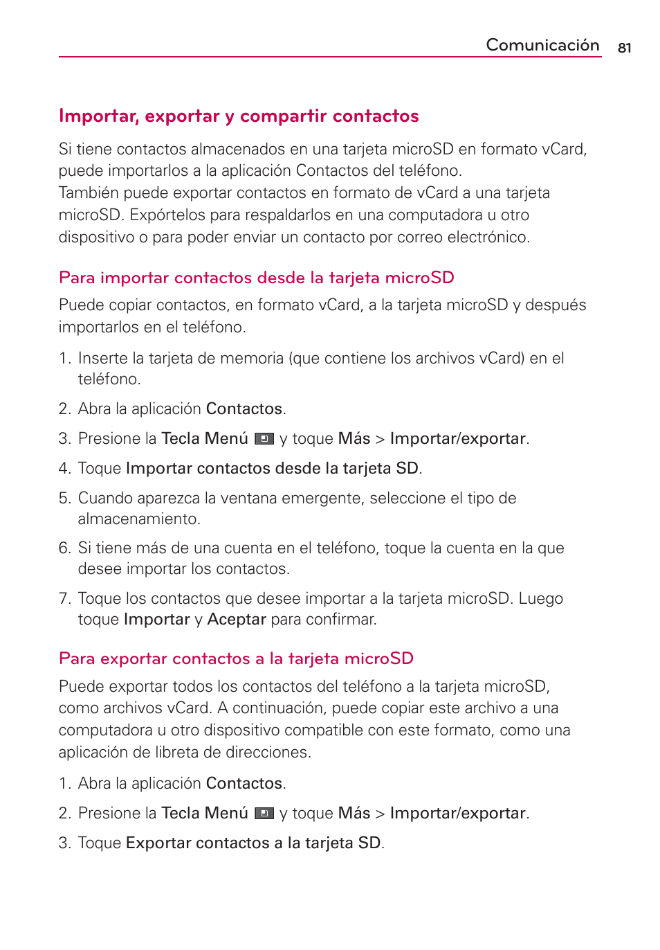 Importar, exportar y compartir contactos | LG VS700 User Manual | Page 298 / 448