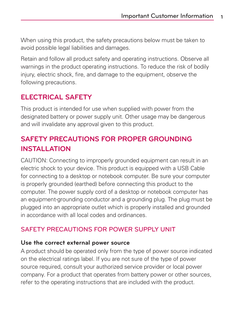 Important customer information, Electrical safety | LG VS700 User Manual | Page 3 / 448