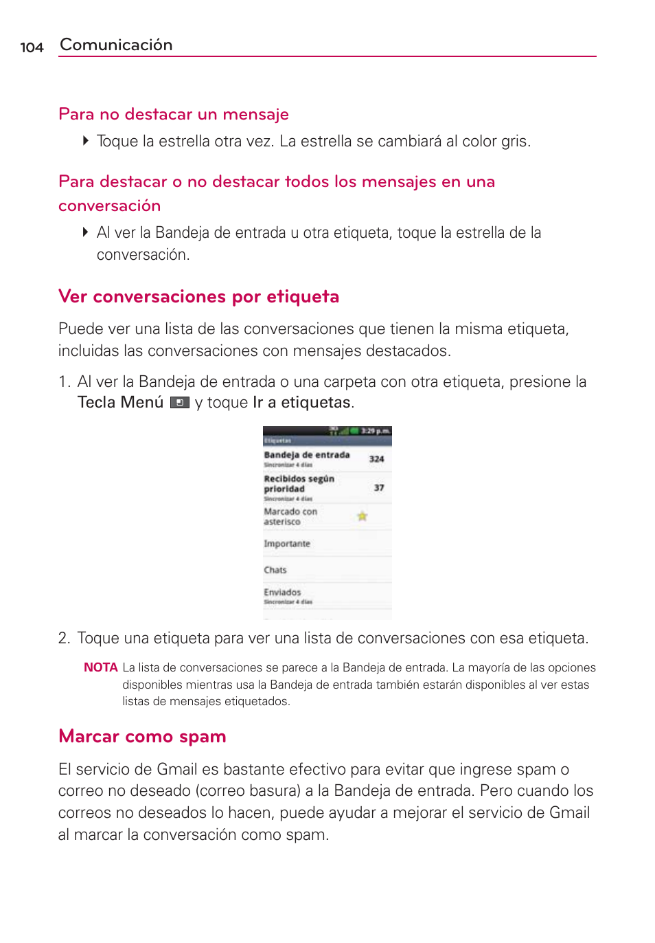 Ver conversaciones por etiqueta, Marcar como spam | LG VS700 User Manual | Page 321 / 448