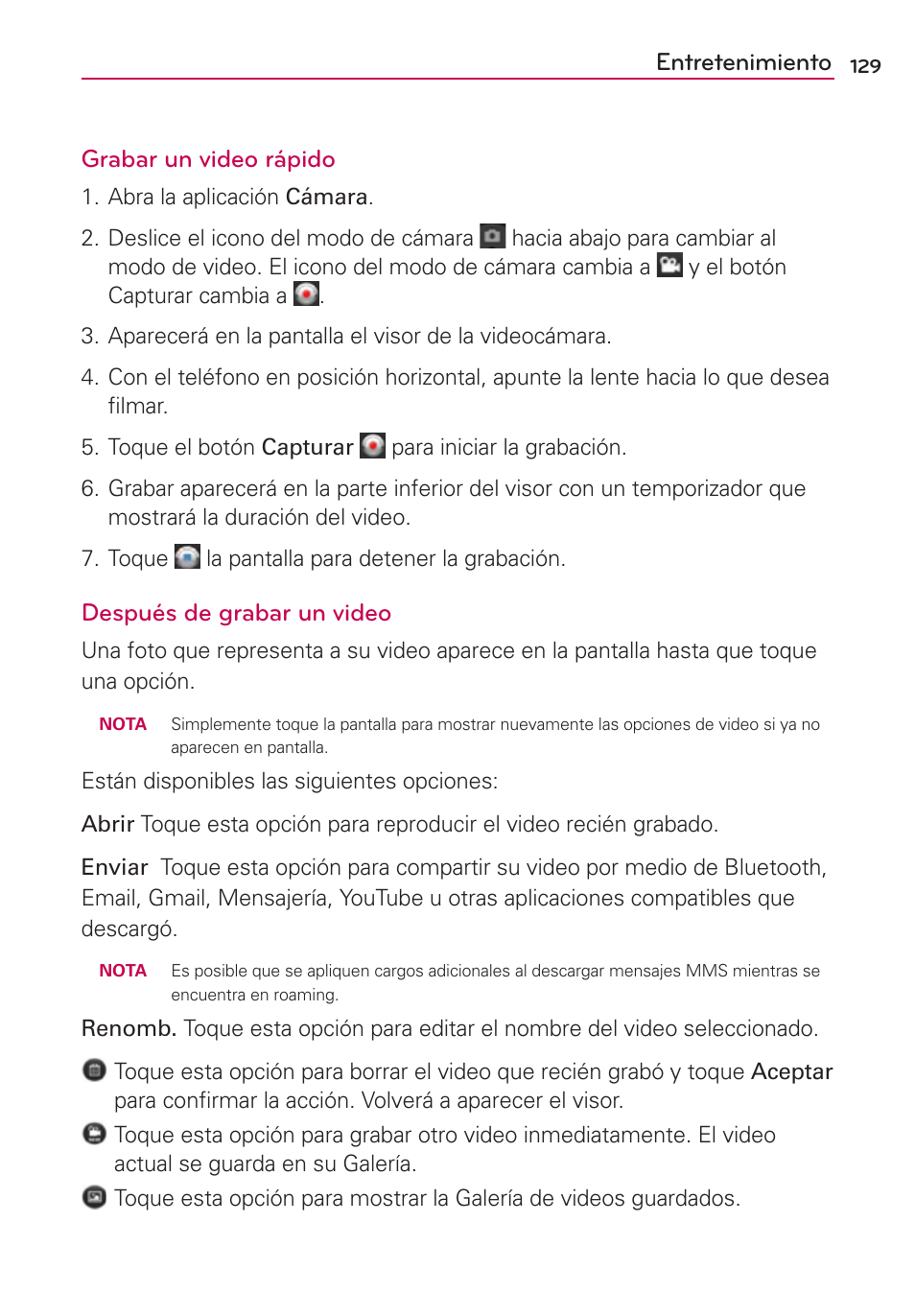 Entretenimiento grabar un video rápido, Después de grabar un video | LG VS700 User Manual | Page 346 / 448
