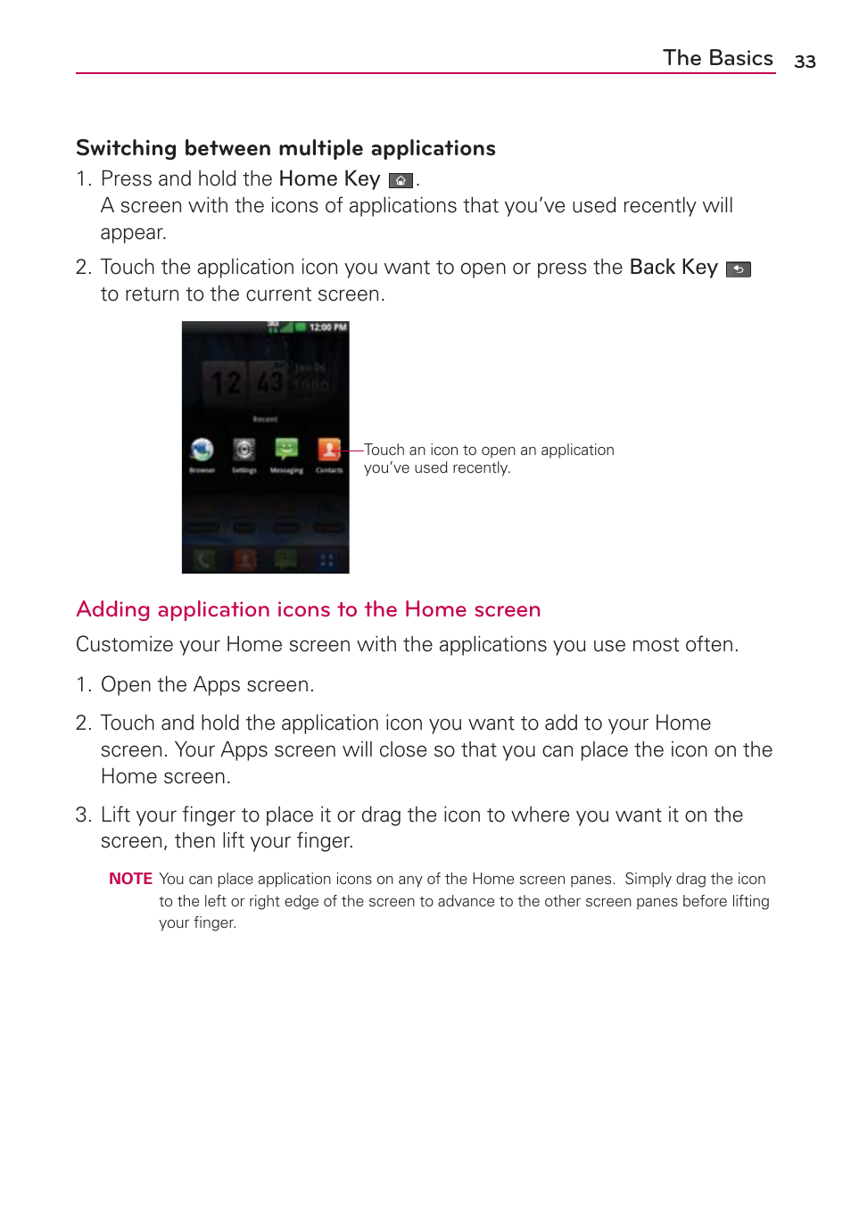 The basics switching between multiple applications, Adding application icons to the home screen | LG VS700 User Manual | Page 35 / 448